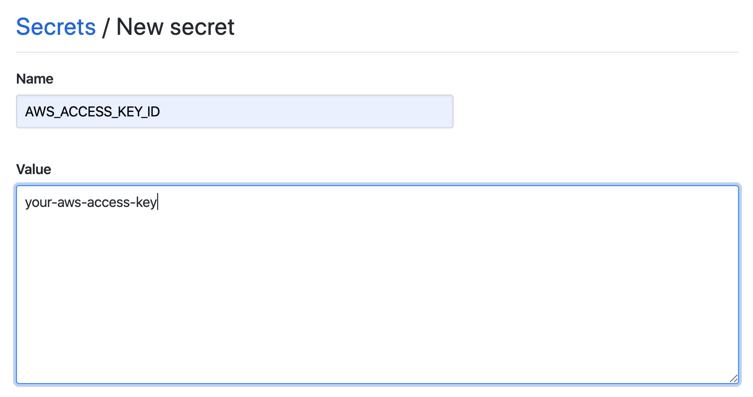 GitHub Actions secrets page with AWS access key