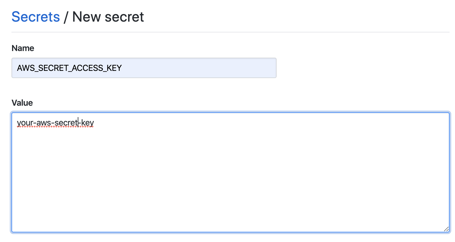 GitHub Actions secrets page with AWS secret key