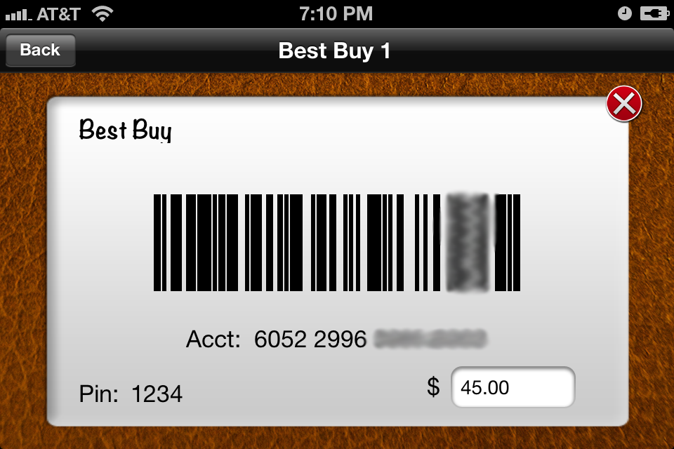 CardWallet app list view showing saved gift cards