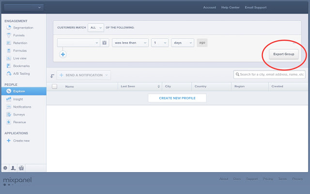 Mixpanel People Export Chrome extension interface