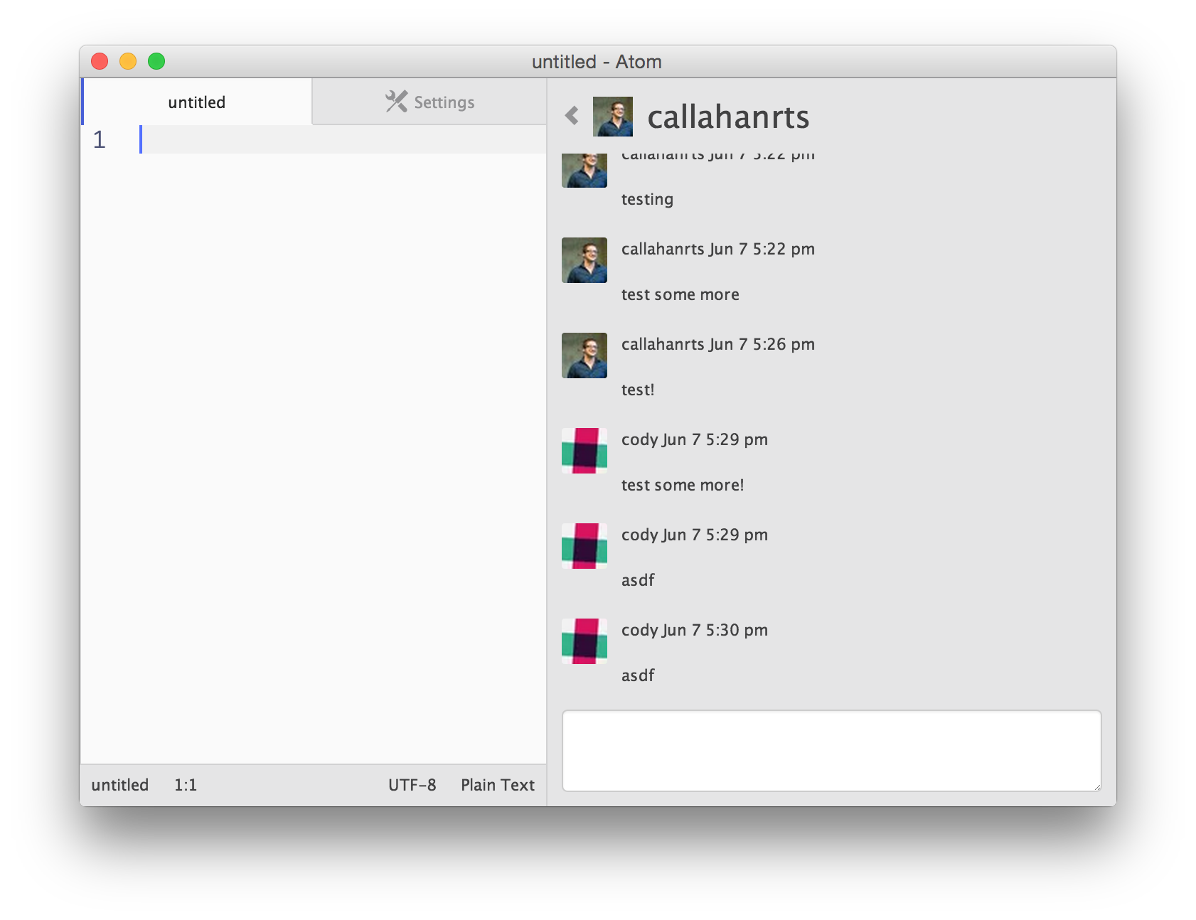 Slack-Chat showing a channel conversation inside Atom editor